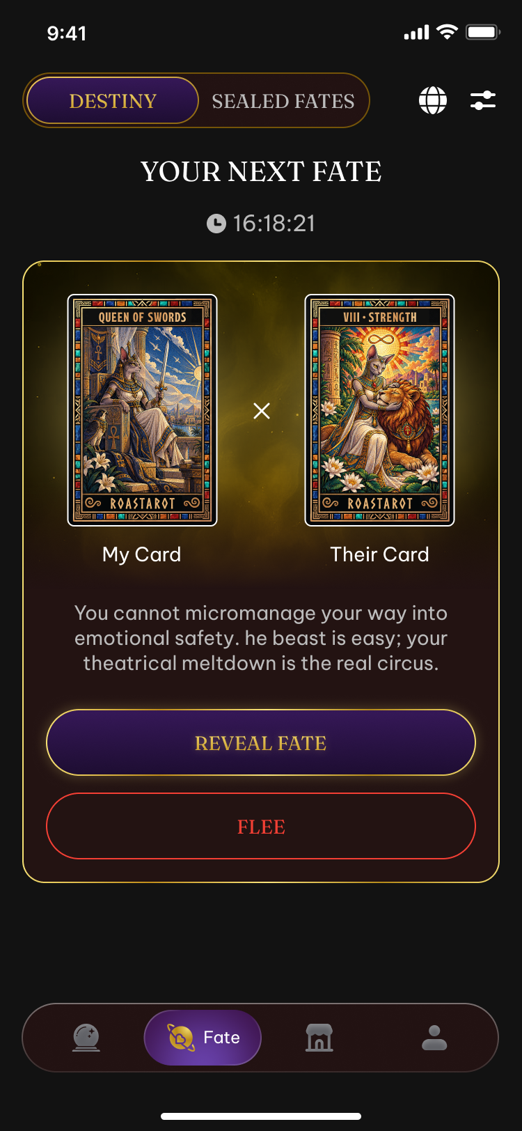 RoasTarot Fate match screen